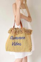 Lettering Raffia Shoulder Bag